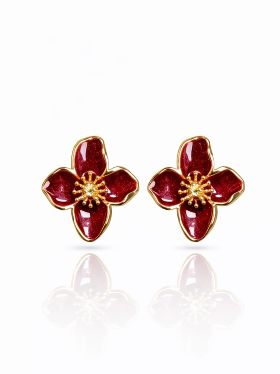 Zara Jewelry - Gold and Burgundy Flower Stud Earrings